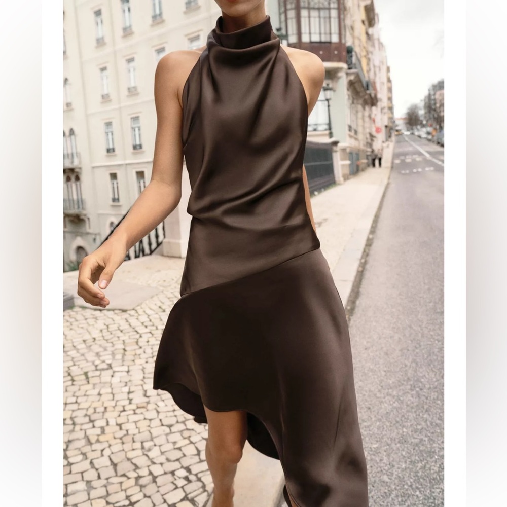 Zara Assymetric Halter Dress with Bow tie back XS